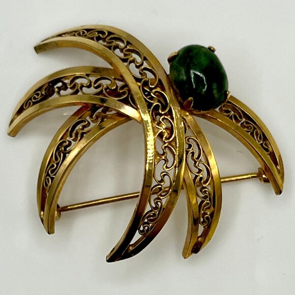 POLCINI Brooch Pin Signed 12K GF Gold Plated Jade Green Stone Filigree Vintage - Picture 3 of 12